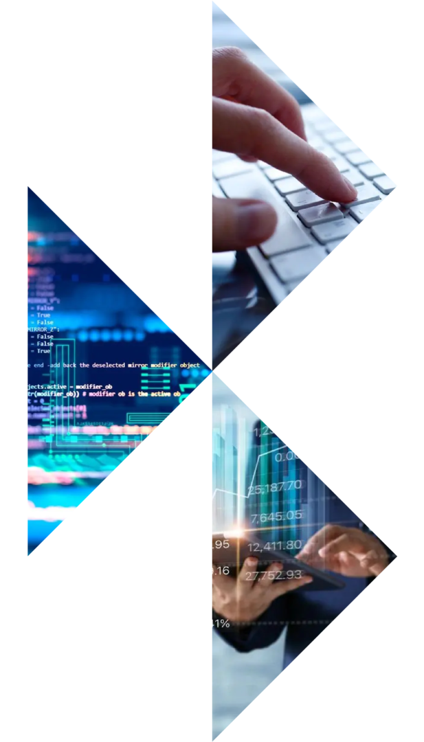 Three images inside of the triangles that form the Bizcom logo showing a keyboard, computer code on a monitor, and a person holding a portable device with a list of numbers over the whole image to represent AI and cyber activity.